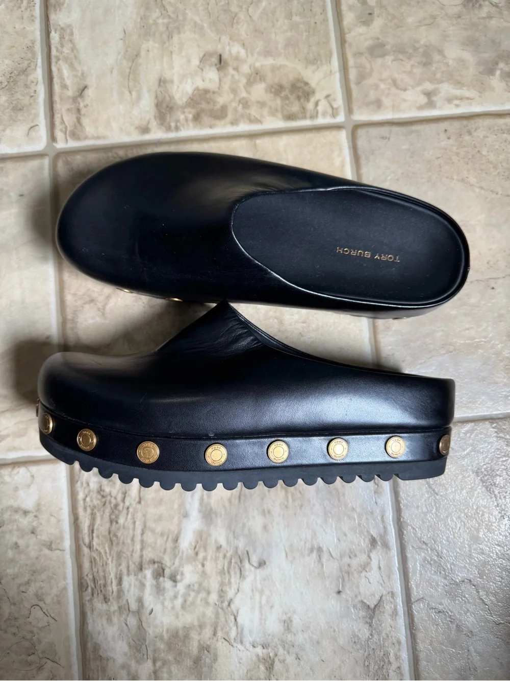 Tory Burch Black Leather Platform Clogs with Gold Studs